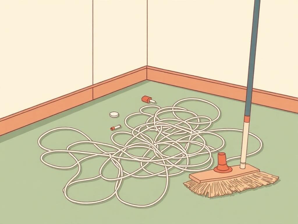 Illustration of tangled cables on a care home floor next to a mop