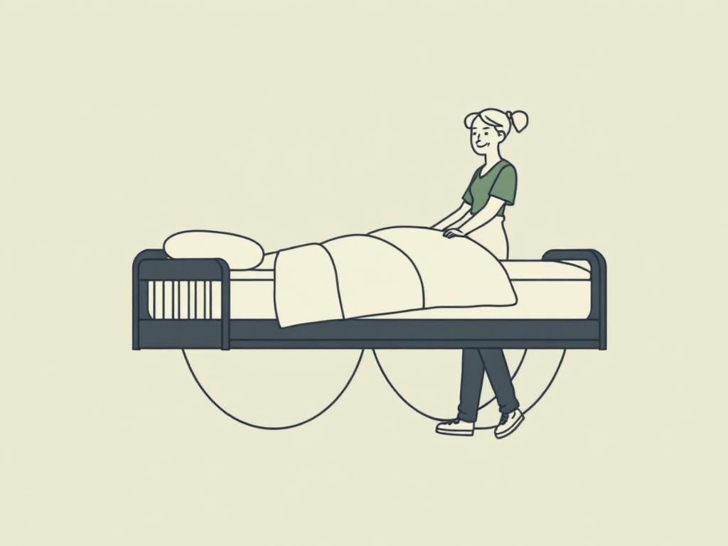 Illustration of a carer easily moving a profile bed with cables neatly suspended
